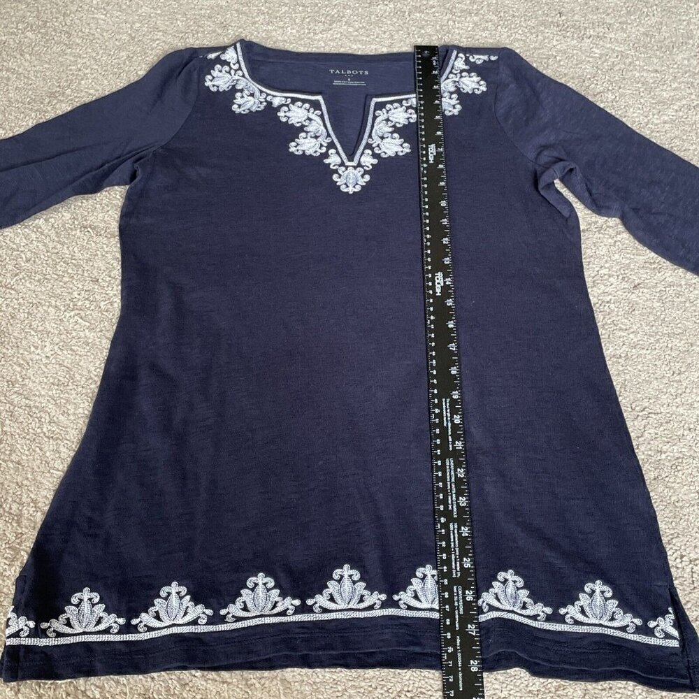 TALBOTS Women's V-Neck Cotton Tunic Size S Embroidered Trim Navy Lagenlook EUC! - Picture 9 of 9